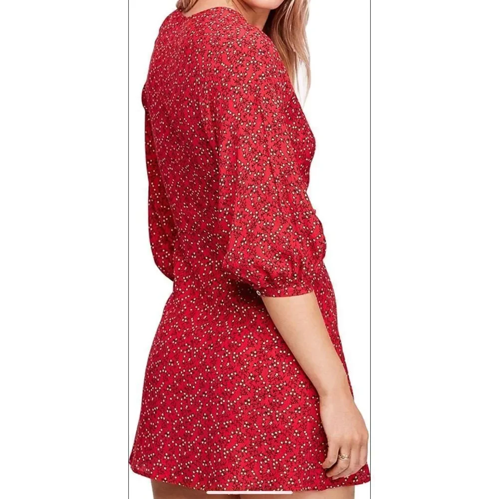 Free People Clara Tie Tunic Dress‎ size S Red Ditsy Floral Red Wrap Mini Peasant